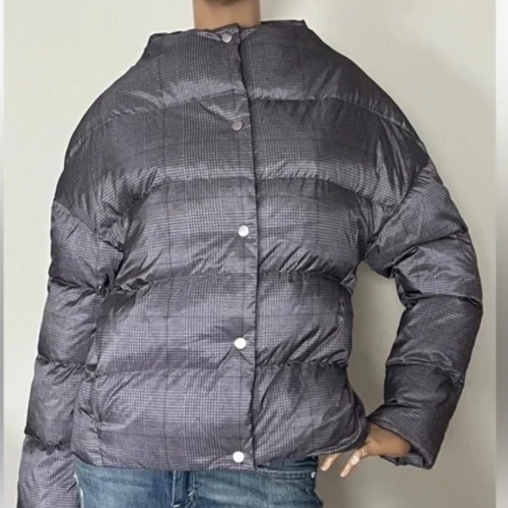 THEORY Women High Neck Glen Plaid Down Puffer Jacket Size L